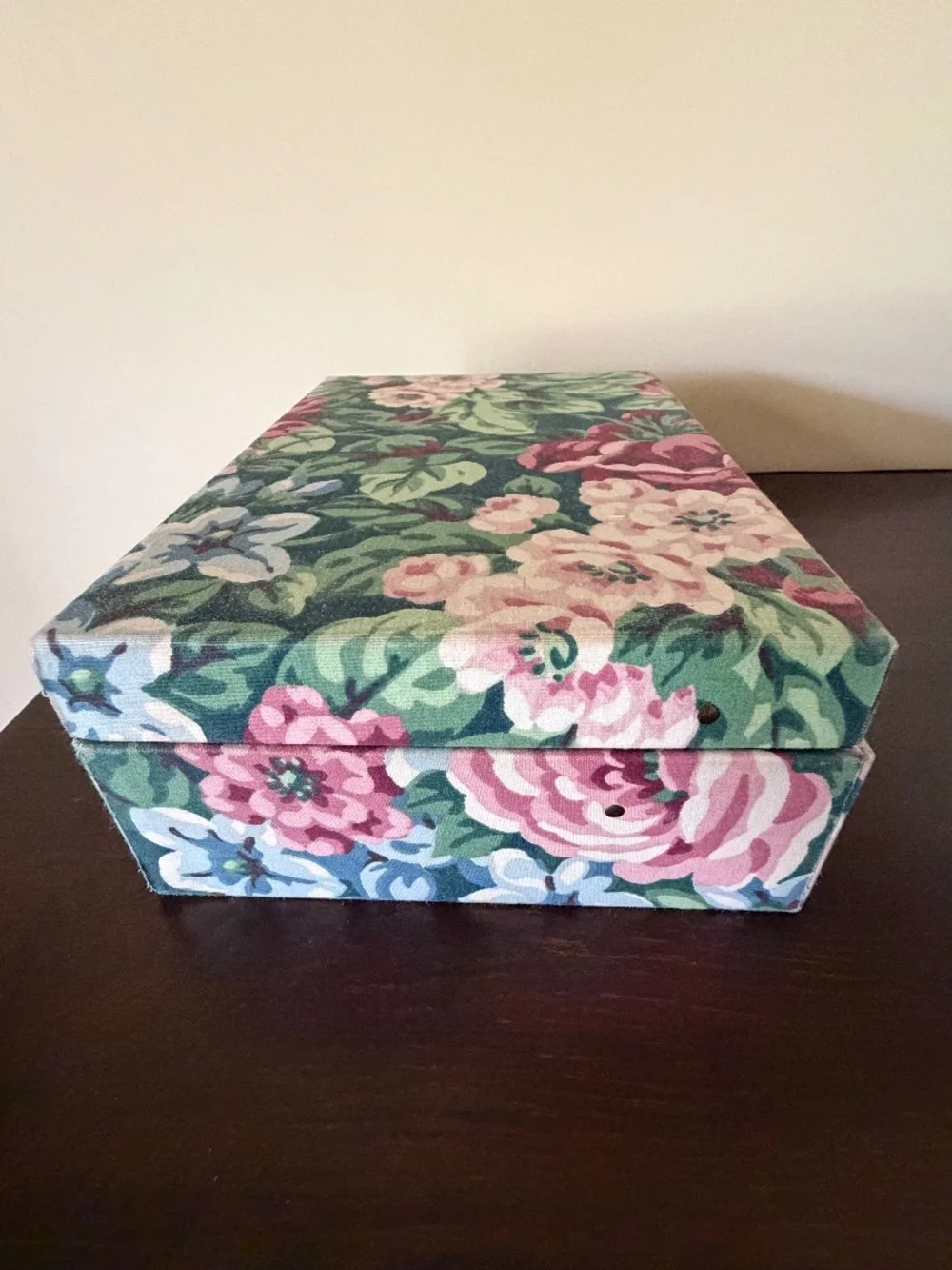 Vintage 80s Floral Fabric Two Tier Jewelry Box Case w/Mirror 10.5
